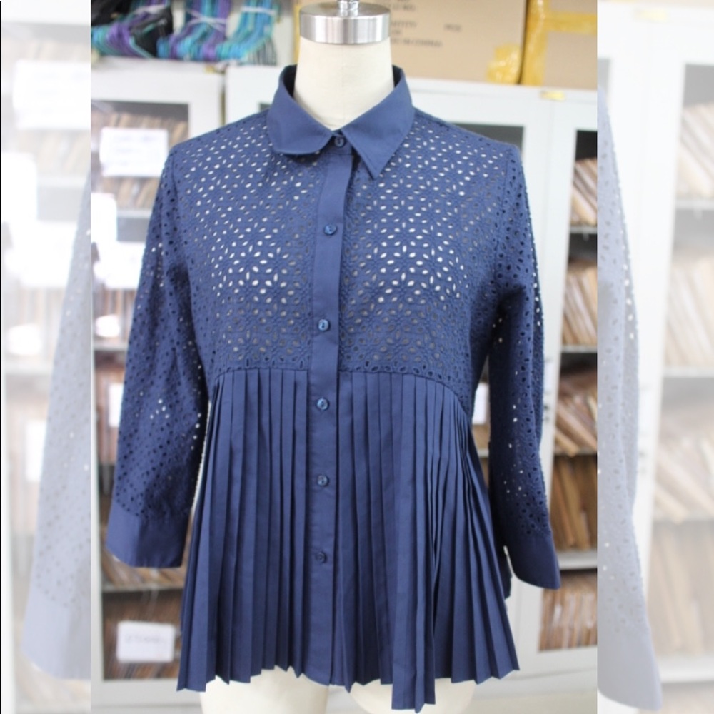 ANTHROPOLOGIE: NAVY Eyelet Pleated Blouse - Picture 3 of 3